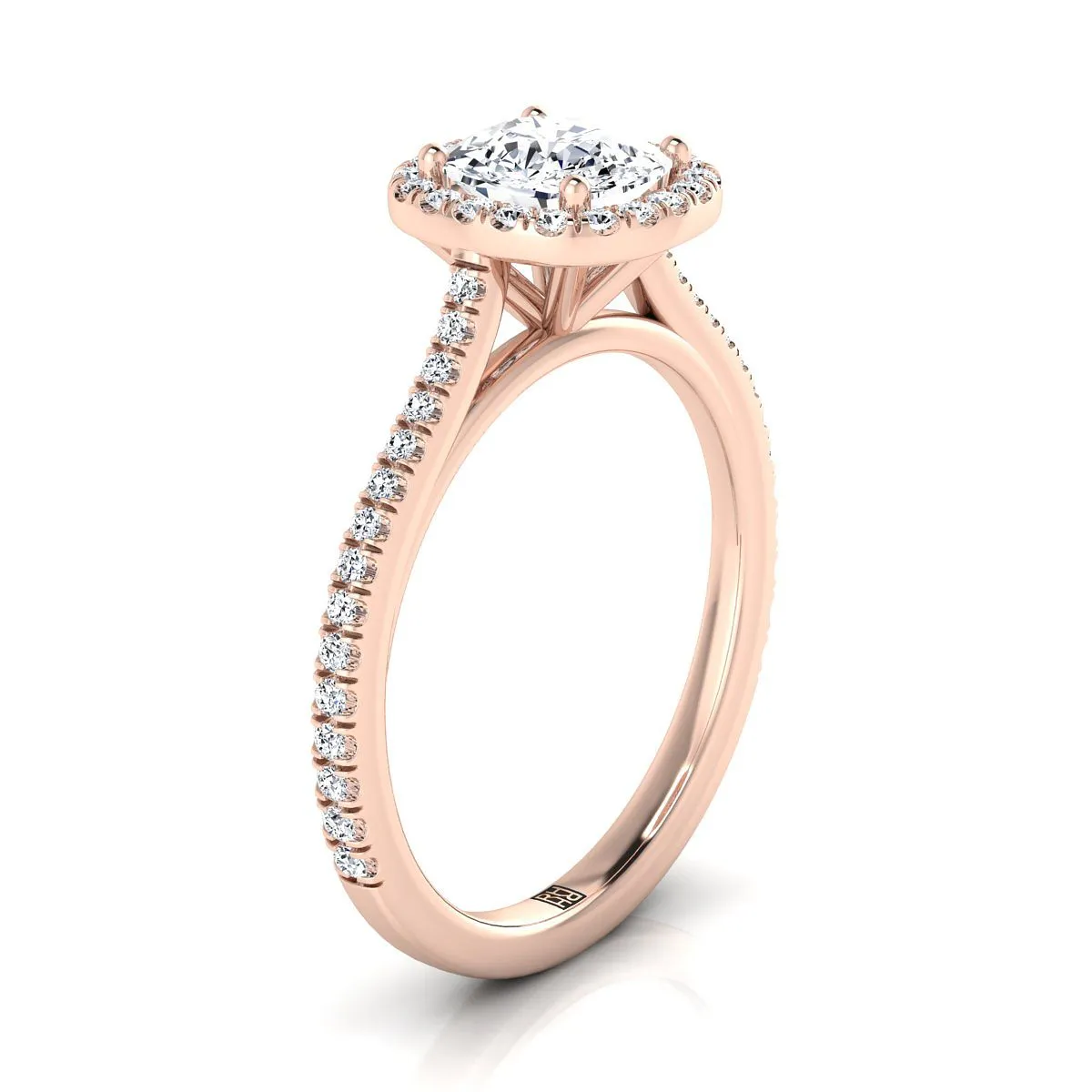 14K Rose Gold Cushion Classic French Pave Halo and Linear Engagement Ring -1/4ctw