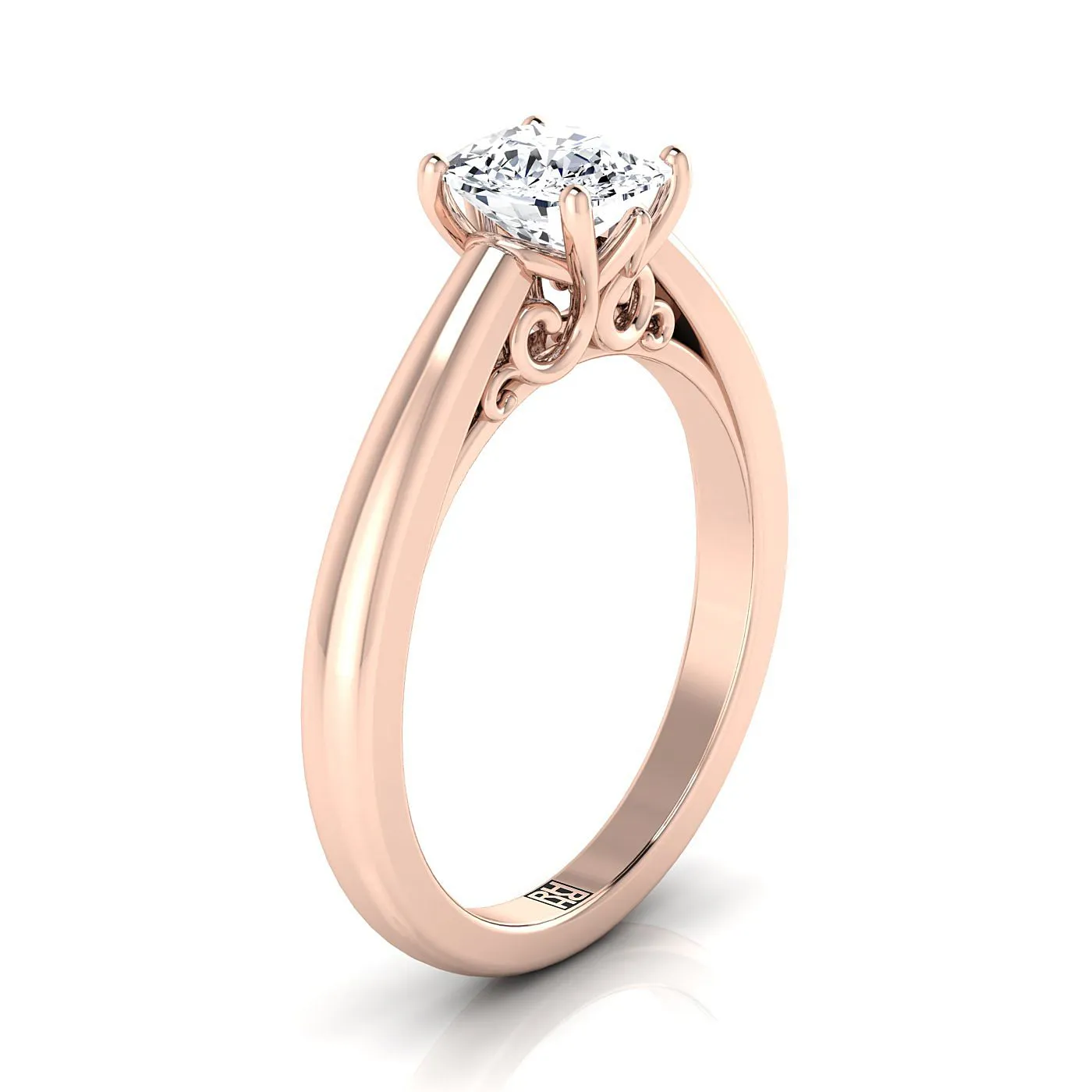 14K Rose Gold Cushion Scroll Gallery Comfort Fit Solitaire Engagement Ring