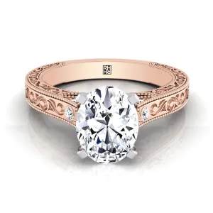 14K Rose Gold Oval Delicate Diamond Accented Antique Hand Engraved Engagement Ring -1/10ctw