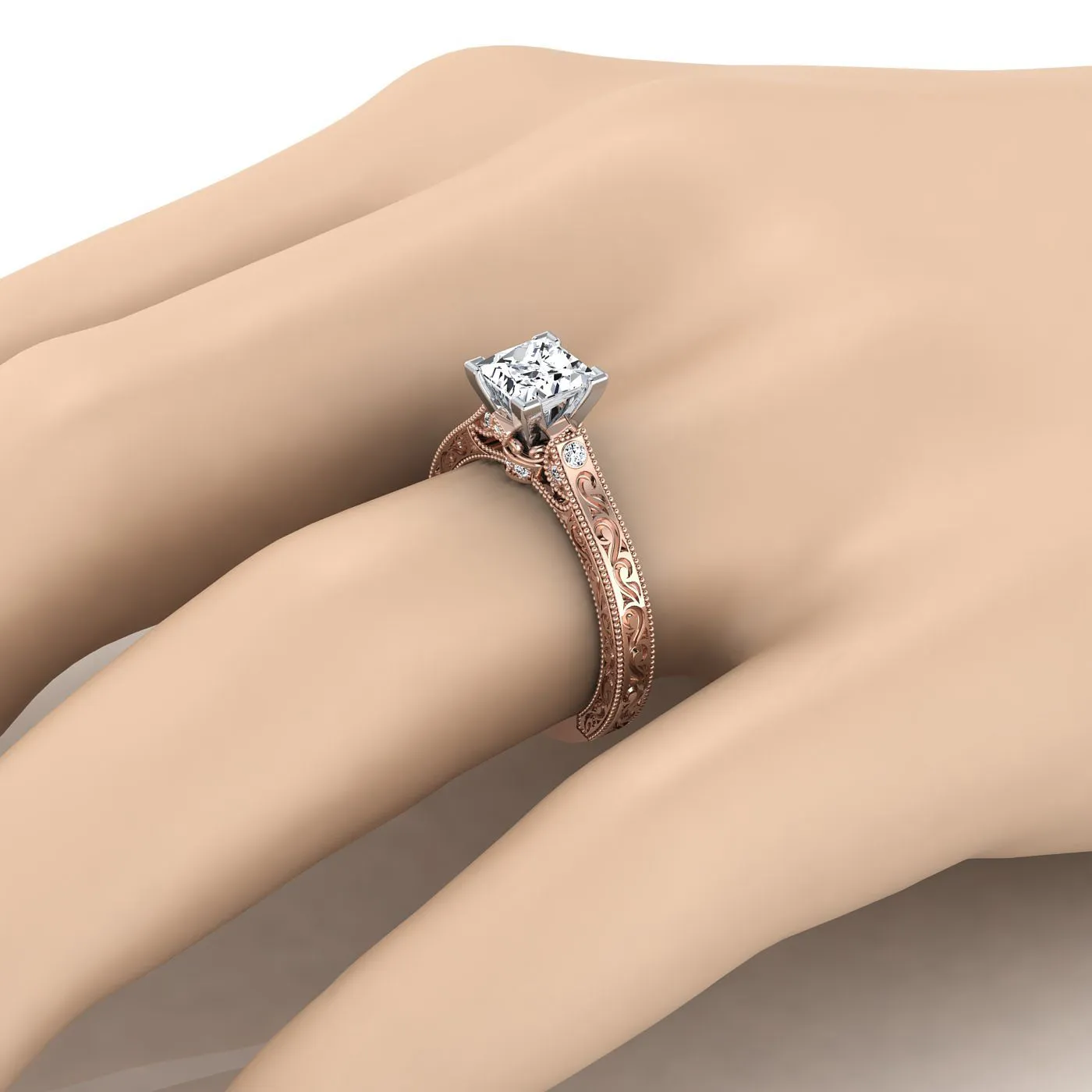 14K Rose Gold Princess Cut Delicate Diamond Accented Antique Hand Engraved Engagement Ring -1/10ctw