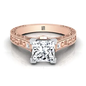 14K Rose Gold Princess Cut Delicate Diamond Accented Antique Hand Engraved Engagement Ring -1/10ctw