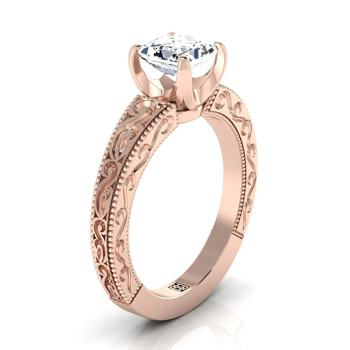 14K Rose Gold Princess Cut Hand Engraved Scroll Vintage Solitaire Engagement Ring