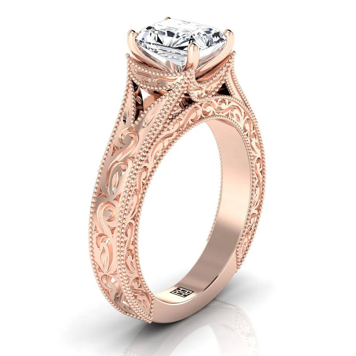 14K Rose Gold Radiant Cut Center  Hand Engraved and Milgrain Vintage Solitaire Engagement Ring