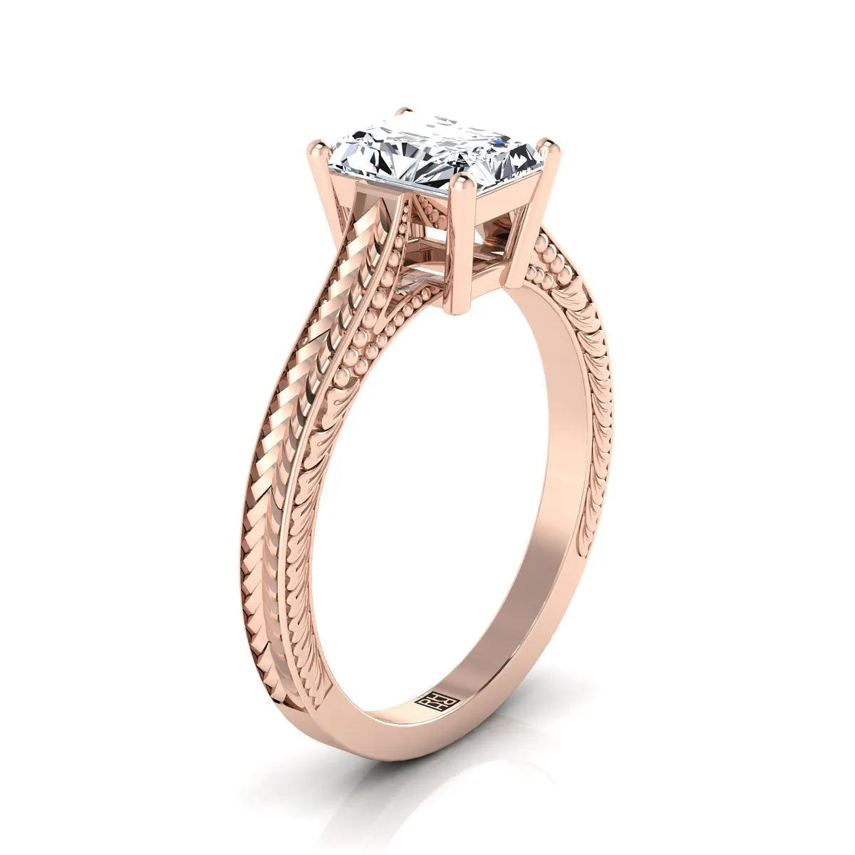 14K Rose Gold Radiant Cut Center  Hand Engraved Vintage Cathedral Style Solitaire Engagement Ring