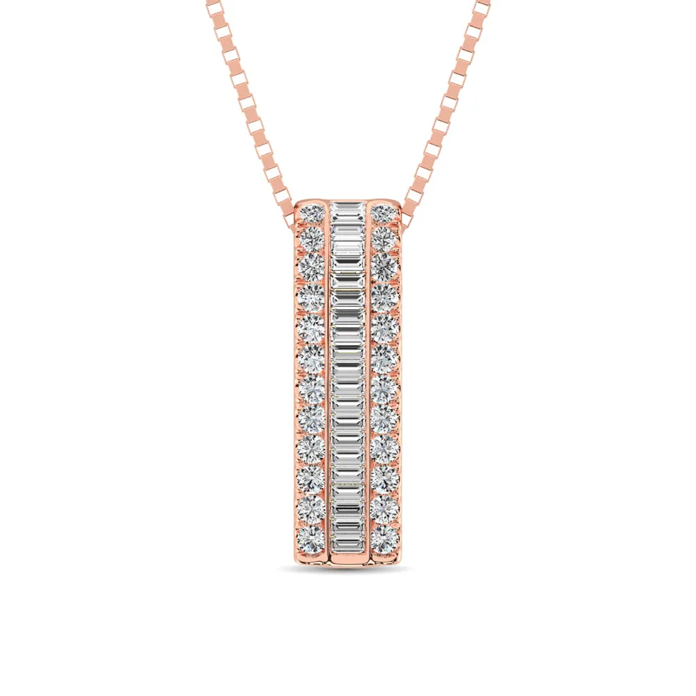 14K Rose Gold Round and Baguette Diamond 1/3 Ct.Tw. Drop Bar Pendant