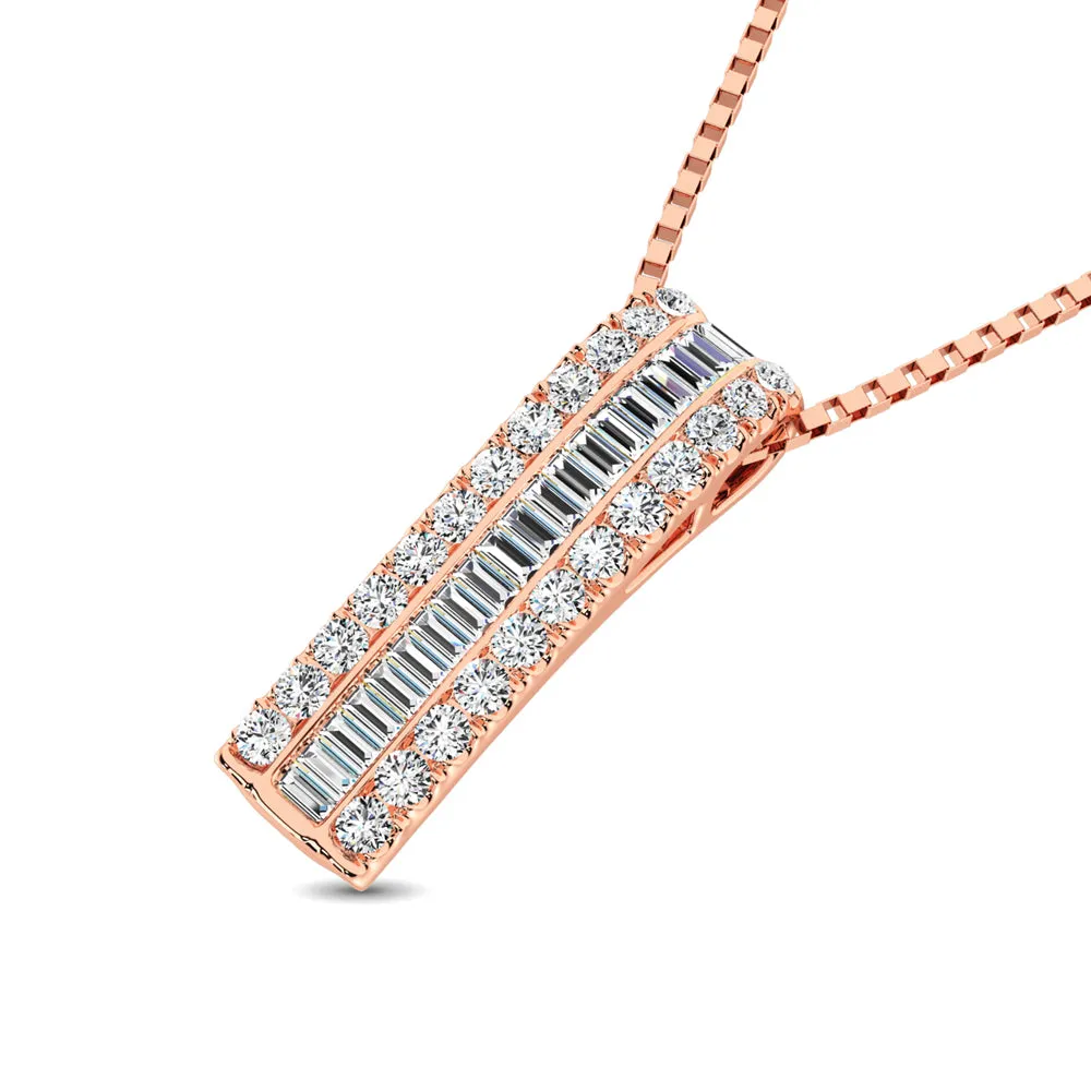 14K Rose Gold Round and Baguette Diamond 1/3 Ct.Tw. Drop Bar Pendant