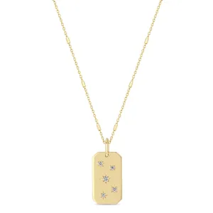 14k Scattered Star Set Diamonds Square Edge Dog Tag Necklace