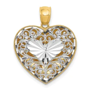 14K Two Tone Gold Polished Reversible D.C Filigree Puffed Heart Pendant