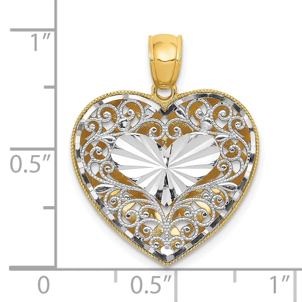 14K Two Tone Gold Polished Reversible D.C Filigree Puffed Heart Pendant