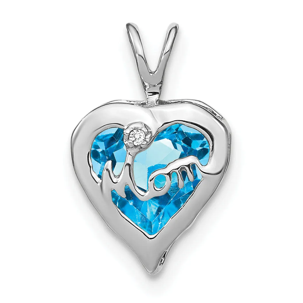 14k White Gold Blue Topaz and Diamond MOM Heart Pendant