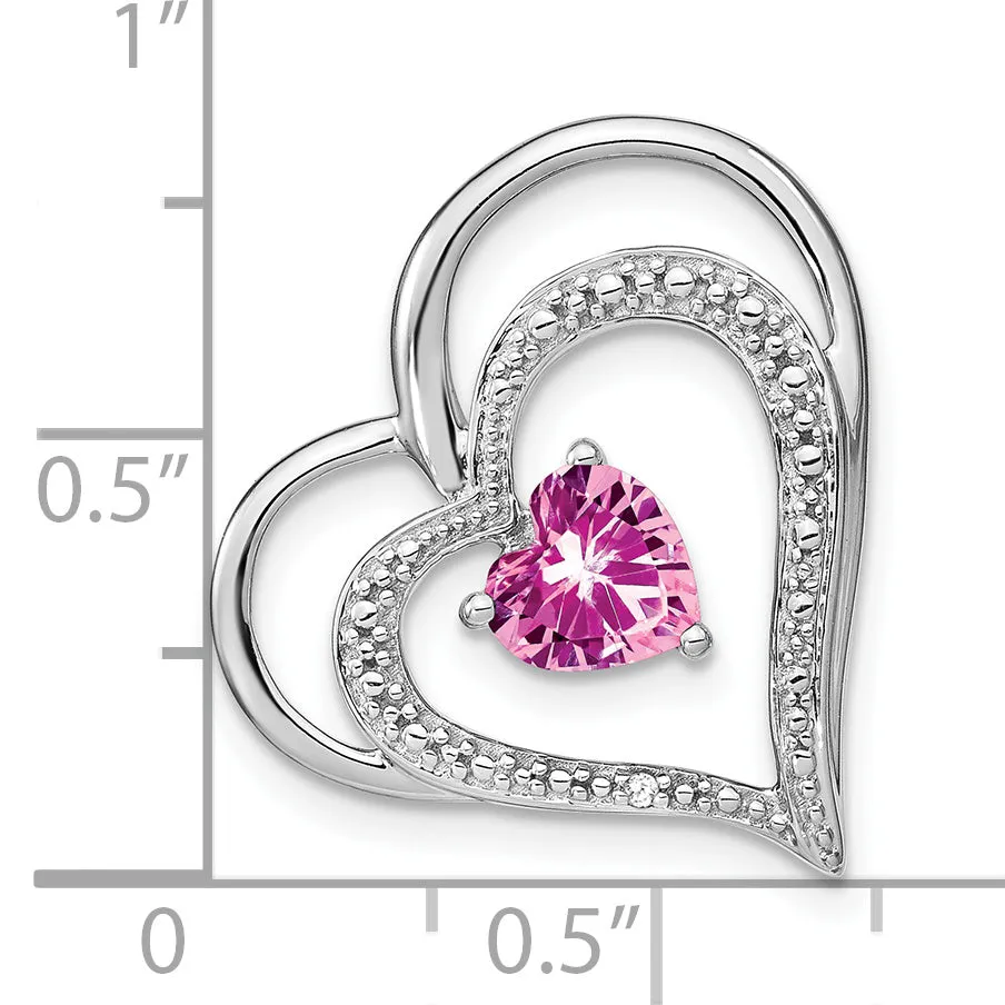 14k White Gold Created Pink Sapphire/Diamond Heart Chain Slide