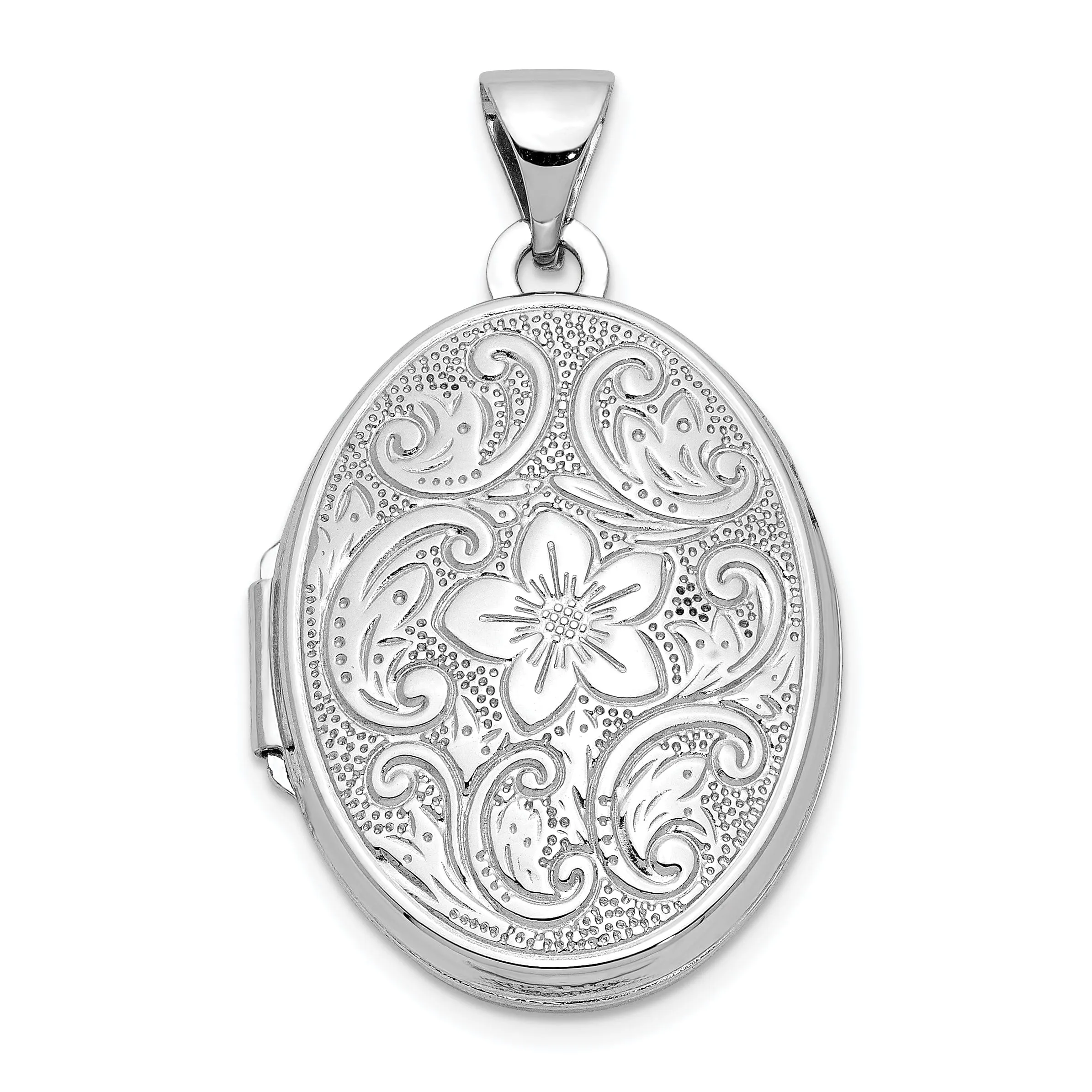 14k White Gold Oval Floral Scroll Border Locket