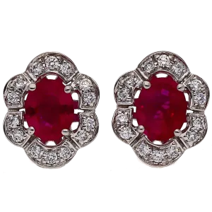 14K White Gold Oval Ruby with Diamond Halo Stud Earrings