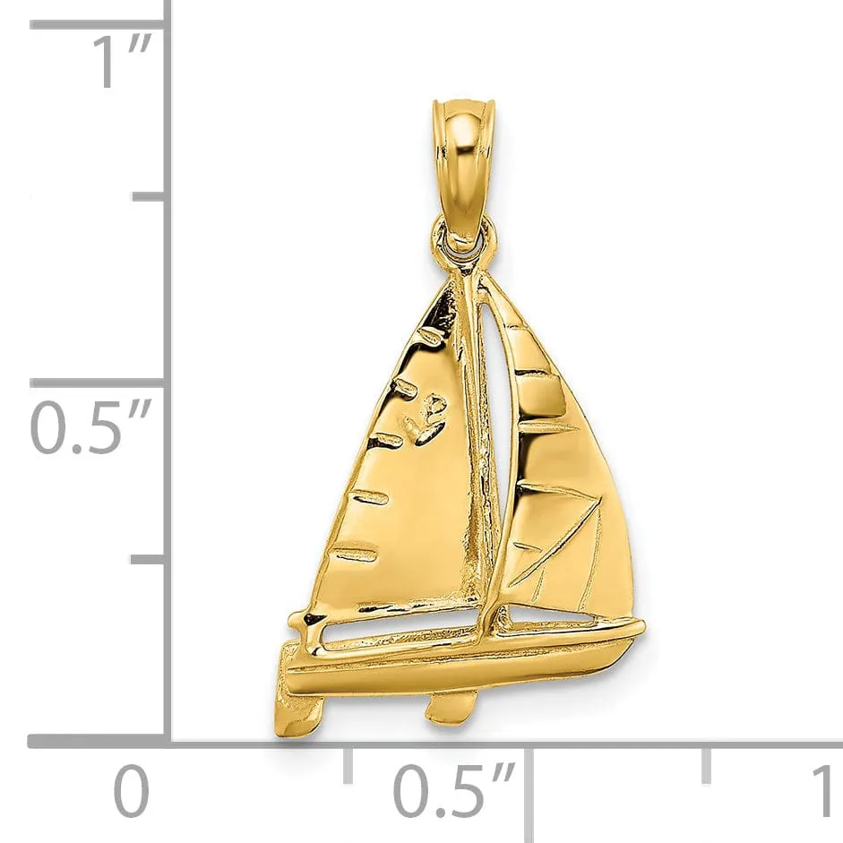 14K Yellow Gold 3-Dimensional Polished Finished sail boat Charm Pendant