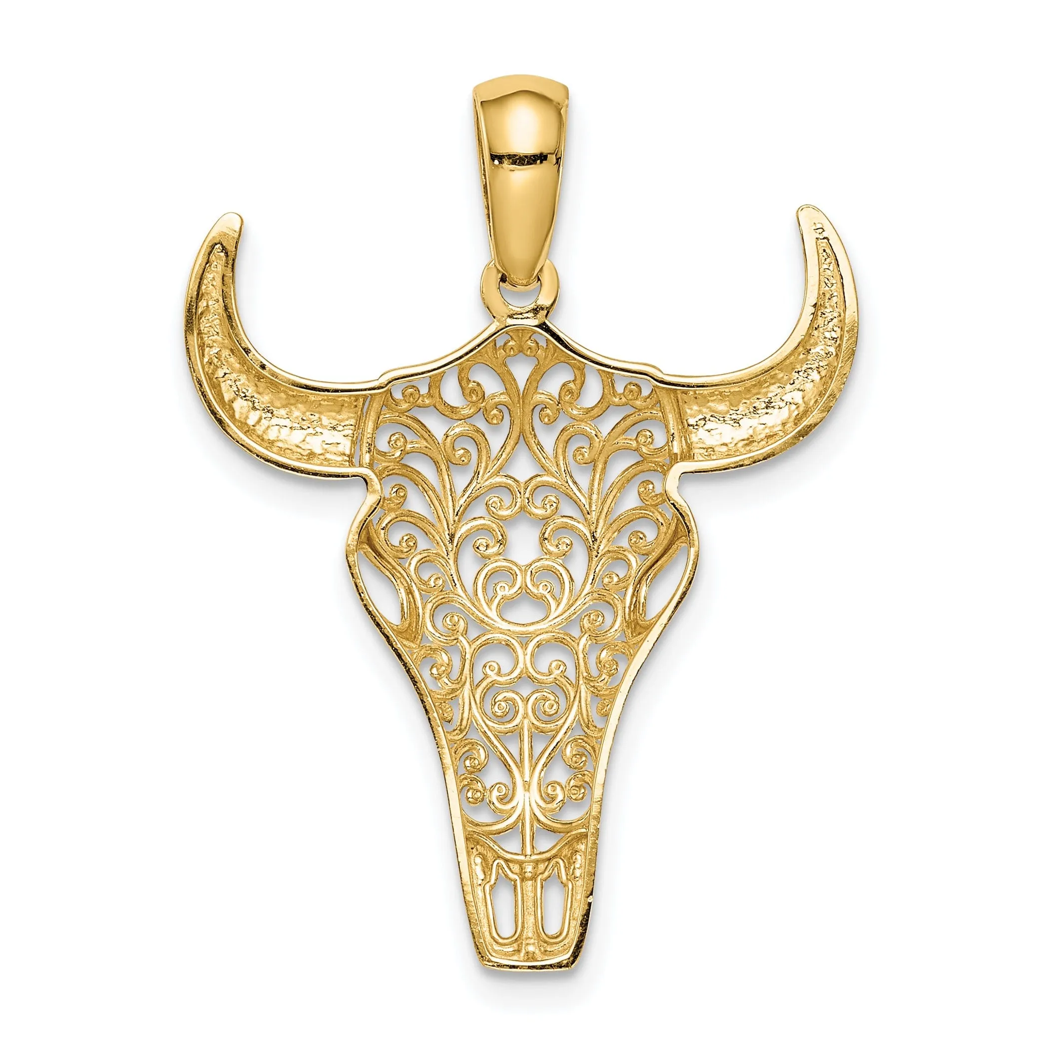 14K Yellow Gold Open Back Polished Finish Filigree Design Steer Skull with Horns Charm Pendant