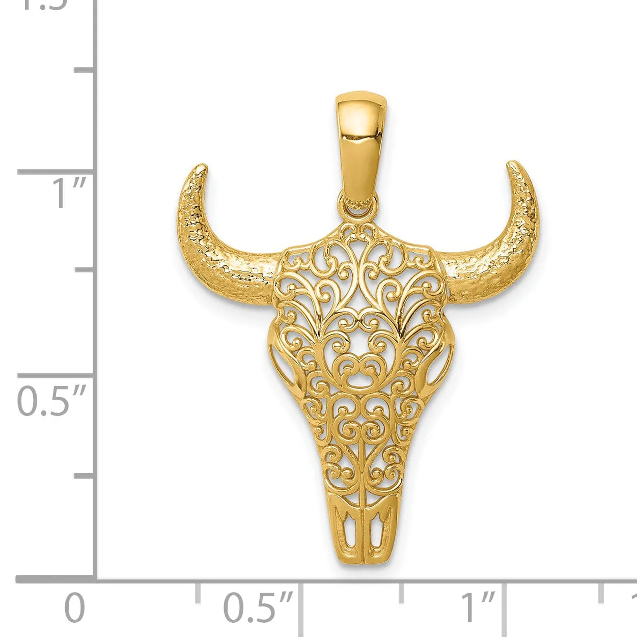 14K Yellow Gold Open Back Polished Finish Filigree Design Steer Skull with Horns Charm Pendant