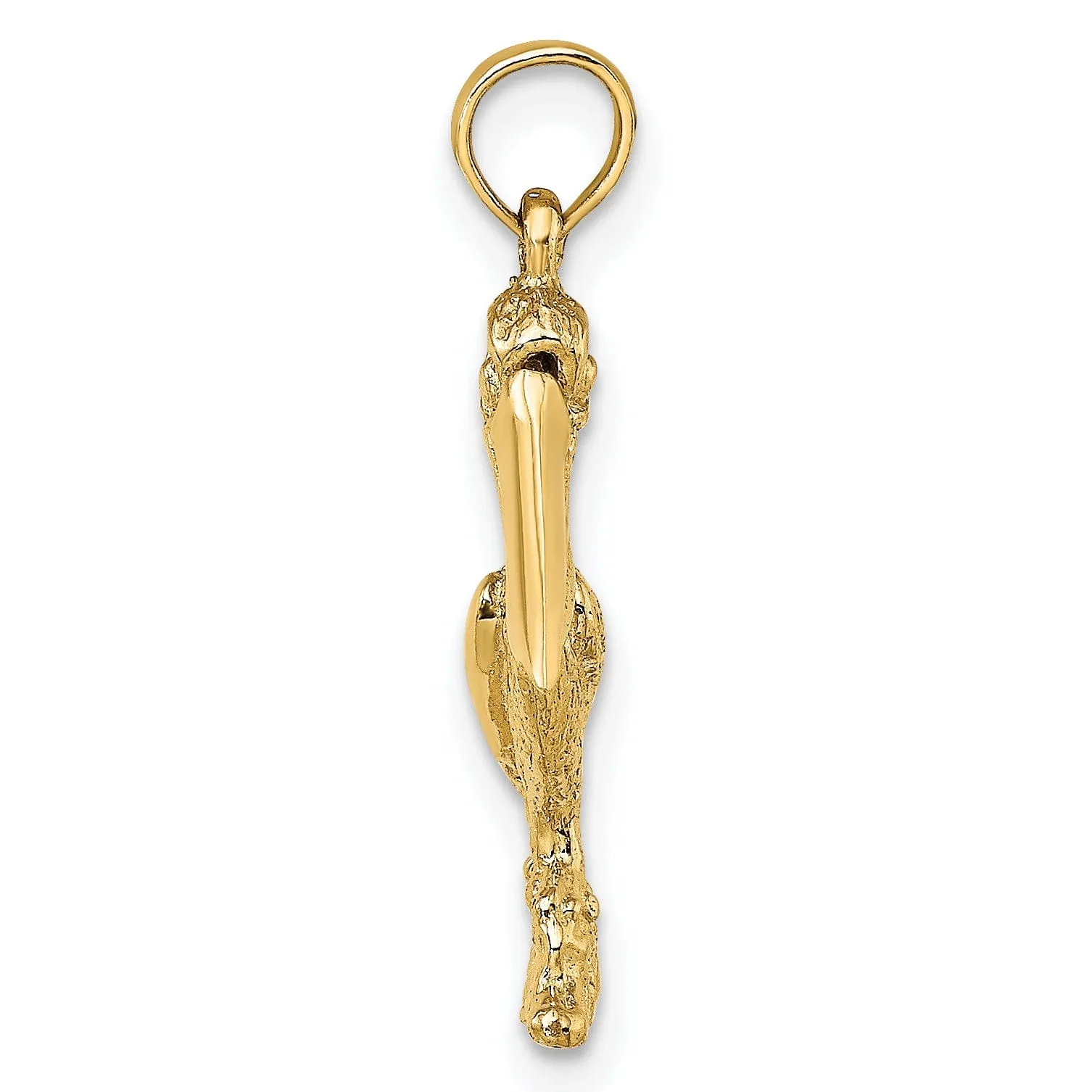 14K Yellow Gold Polished Textured Finish 3-Dimensional Standing on Piling Pelican with Moveable Mouth Charm Pendant