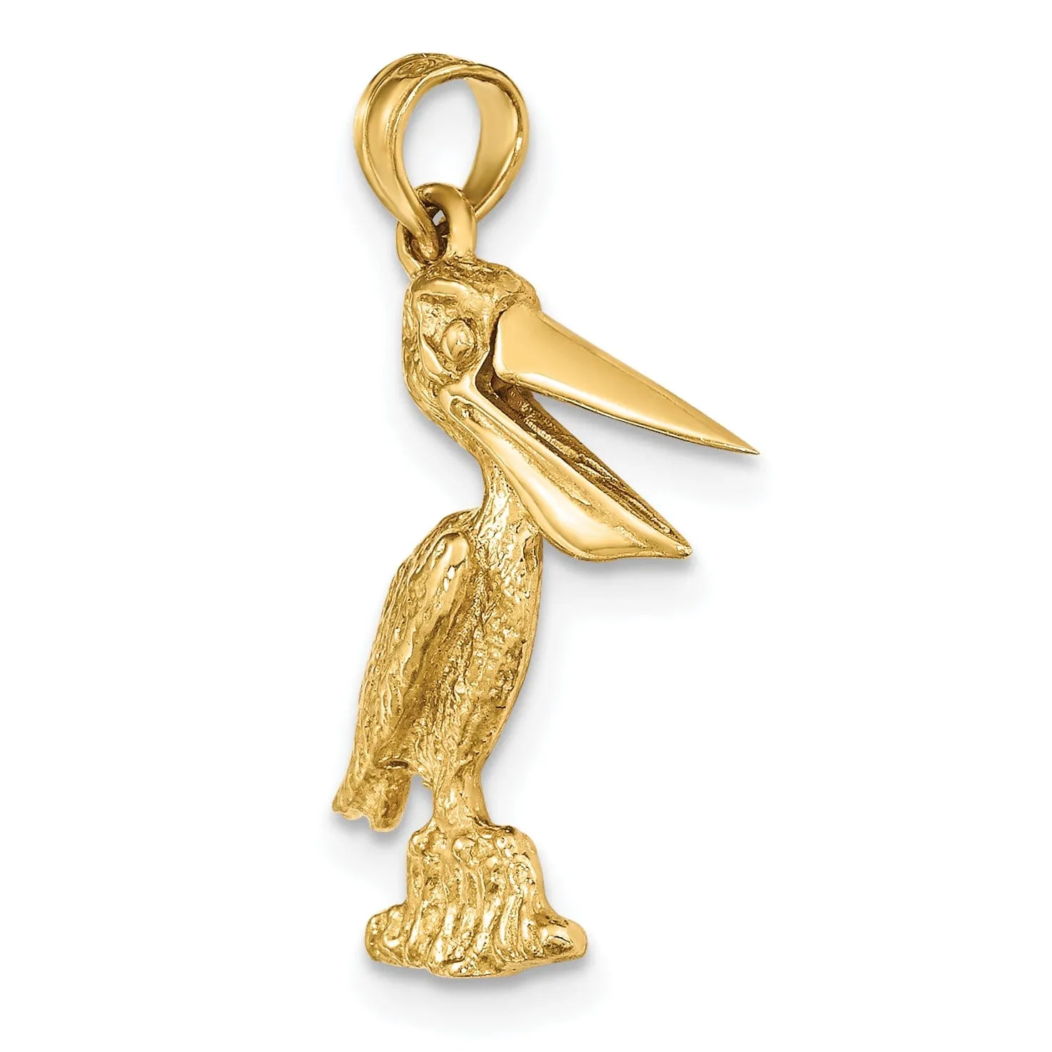 14K Yellow Gold Polished Textured Finish 3-Dimensional Standing on Piling Pelican with Moveable Mouth Charm Pendant