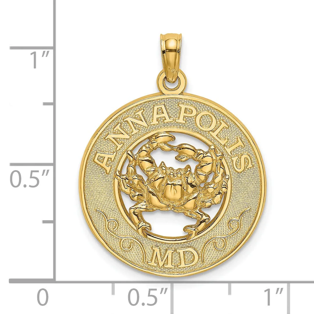 14K Yellow Gold Polished Textured Finish ANNAPOLIS Marland Crab in Circle Design Charm Pendant