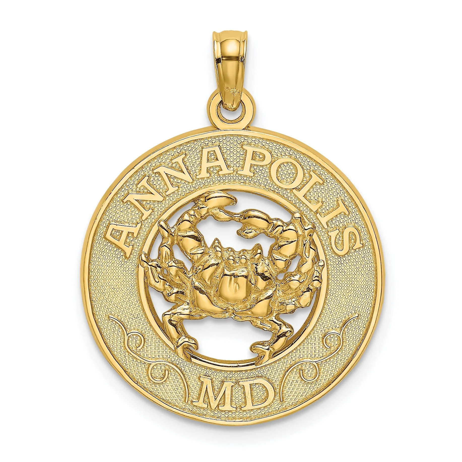 14K Yellow Gold Polished Textured Finish ANNAPOLIS Marland Crab in Circle Design Charm Pendant