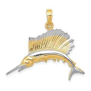 14k Yellow Gold White Rhodium Solid Polished Finish Sailfish Charm Pendant