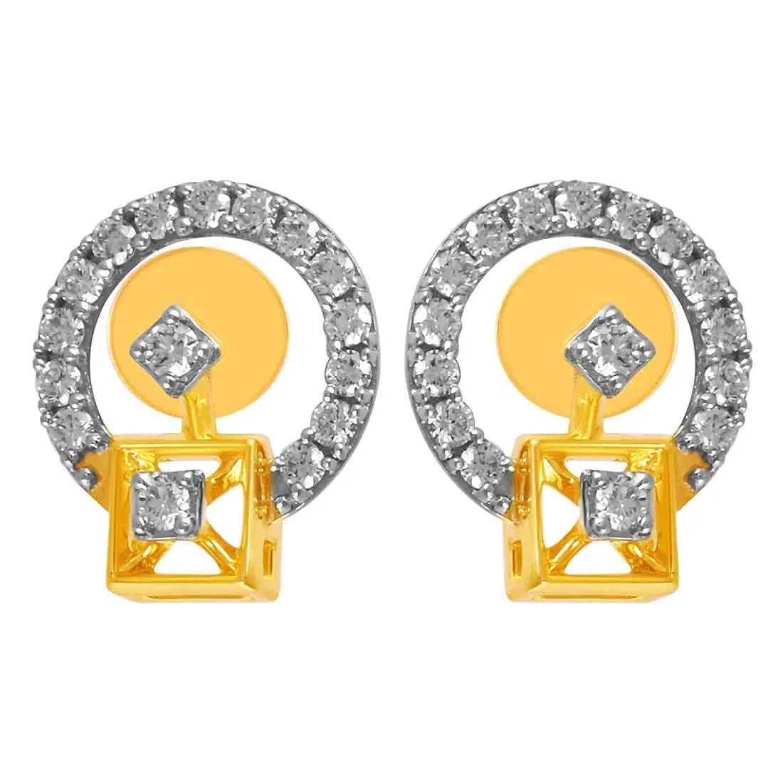 14KT (585) Yellow Gold & Diamond Circular Design Stud Earrings