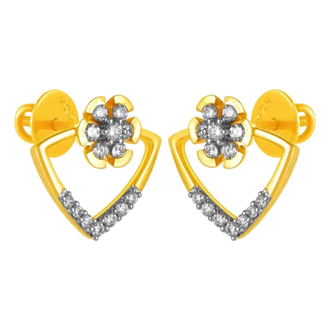 14KT (585) Yellow Gold & Diamond Floral Design Stud Earrings