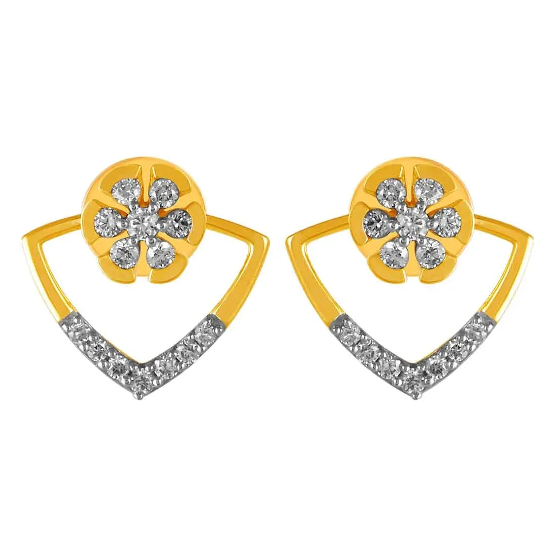 14KT (585) Yellow Gold & Diamond Floral Design Stud Earrings