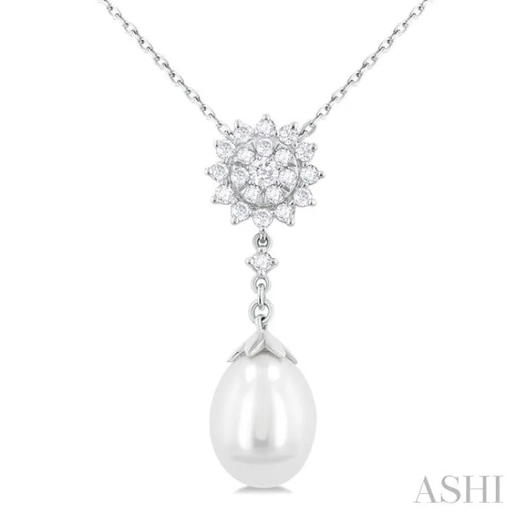 1/5 Ctw Sunflower 9X7 MM Cultured Pearl Drop and Round Cut Diamond Fashion Pendant With Chain in 14K White Gold