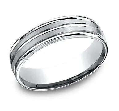 18K White Gold Designer Men's Wedding Ring, Center Groove | 6mm