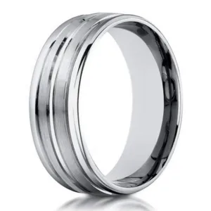 18K White Gold Designer Men's Wedding Ring, Center Groove | 6mm