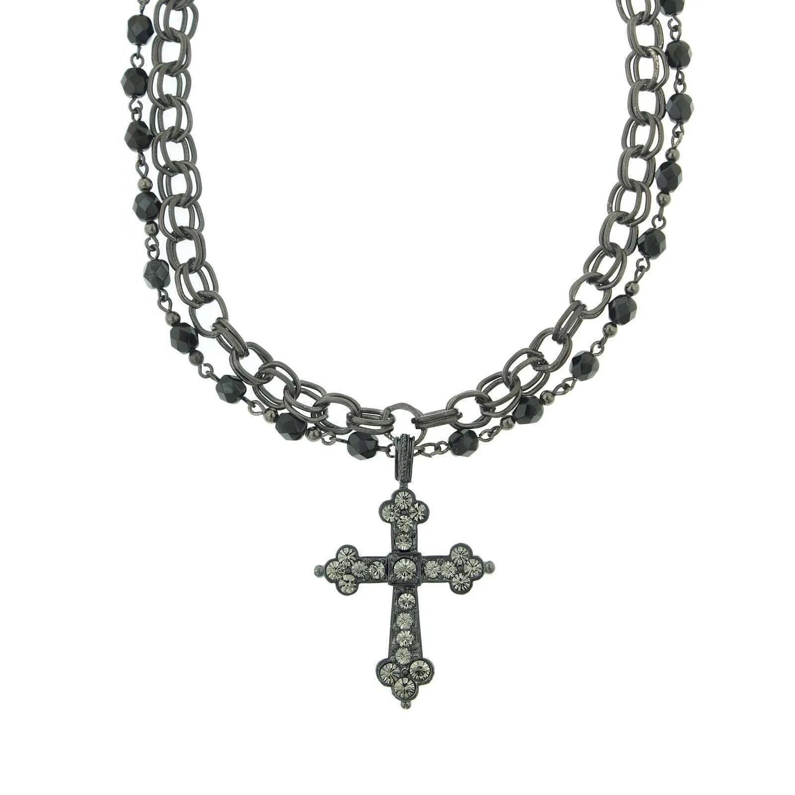 1928 Jewelry Jet Black Diamond Crystal Cross Chain Necklace 16"   3" Extender