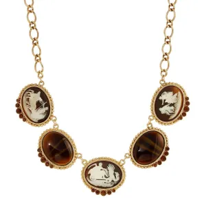 1928 Jewelry Roman Chariots Gala Cameo & Tigers Eye Stones Necklace 16"   3" Extender