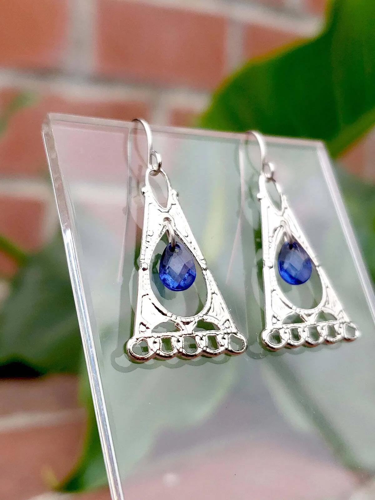 1928 Jewelry Suspended Blue Stone Triangular Drop Earrings