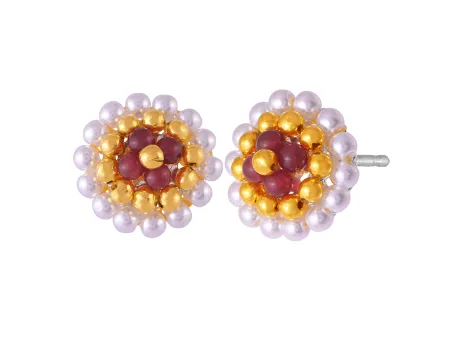 22k Regal Pearl & Red Beads Tushi Gold Stud Earrings