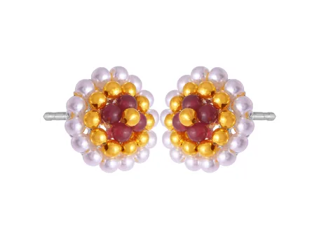 22k Regal Pearl & Red Beads Tushi Gold Stud Earrings