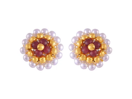 22k Regal Pearl & Red Beads Tushi Gold Stud Earrings