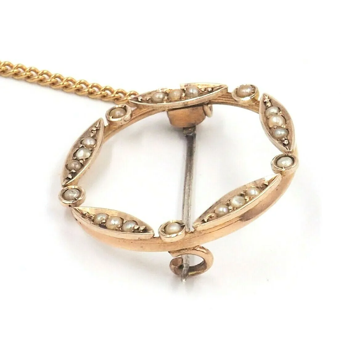 9ct Yellow Gold Seed Pearl Brooch with Safety Chain