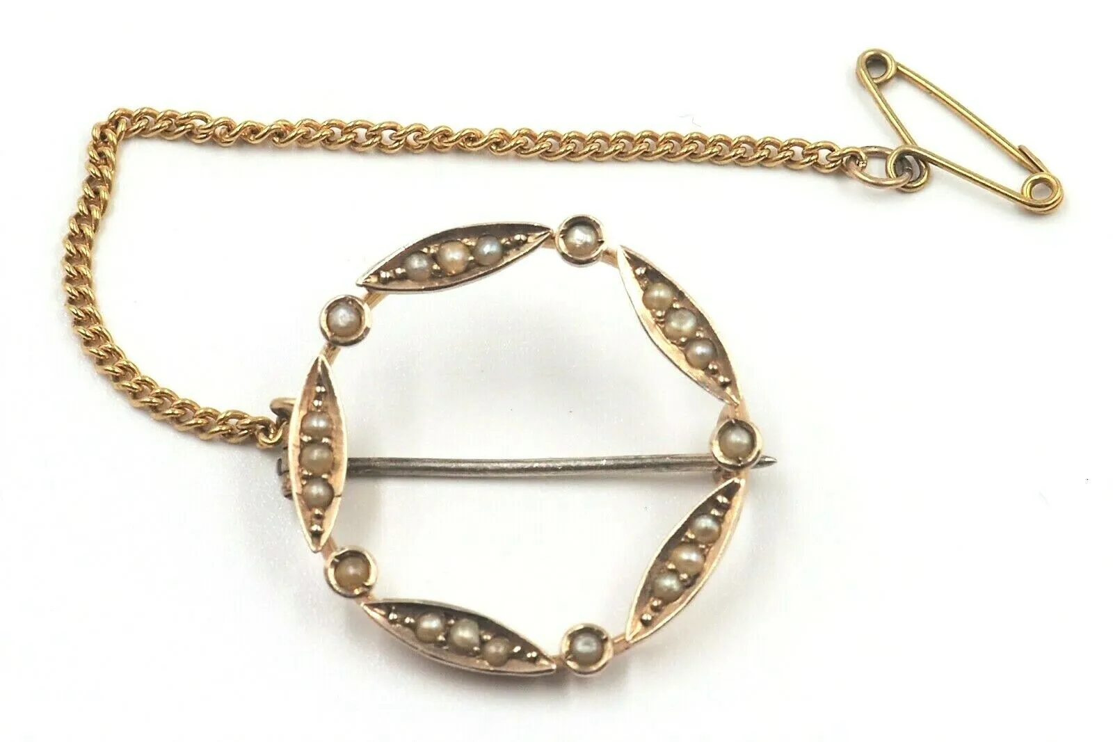 9ct Yellow Gold Seed Pearl Brooch with Safety Chain