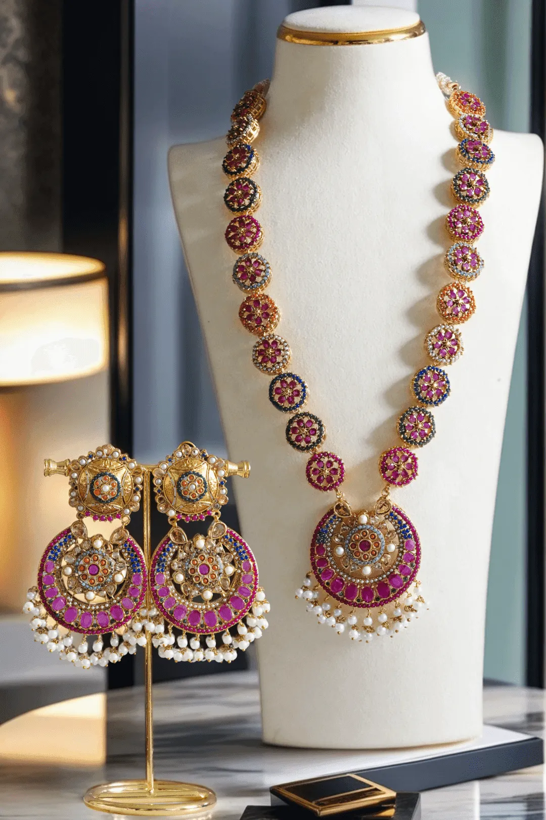 Adiva - Gold Plated Long Mala Necklace Set With Statement Earrings