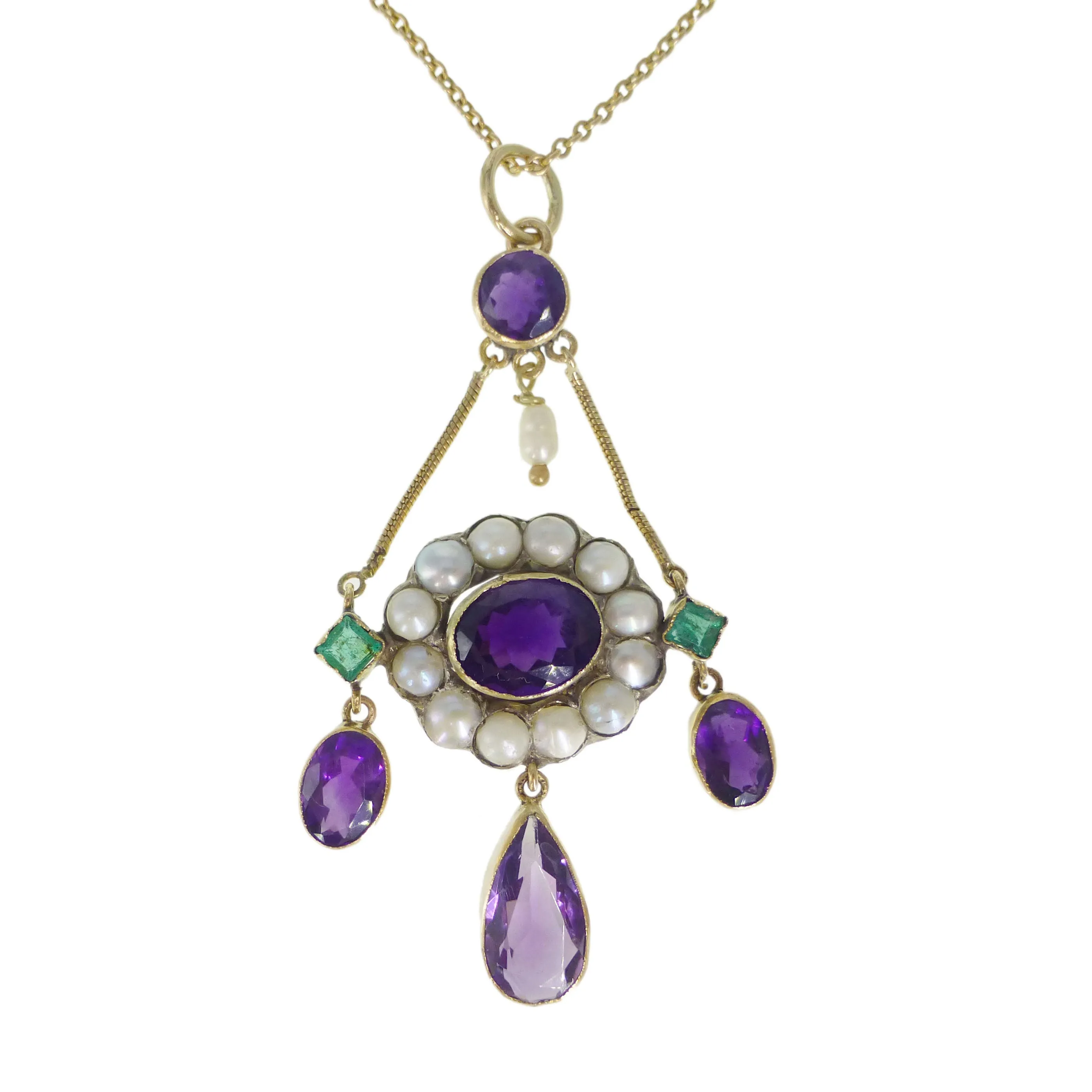 Antique 15ct Gold Amethyst Emerald Pendant Necklace