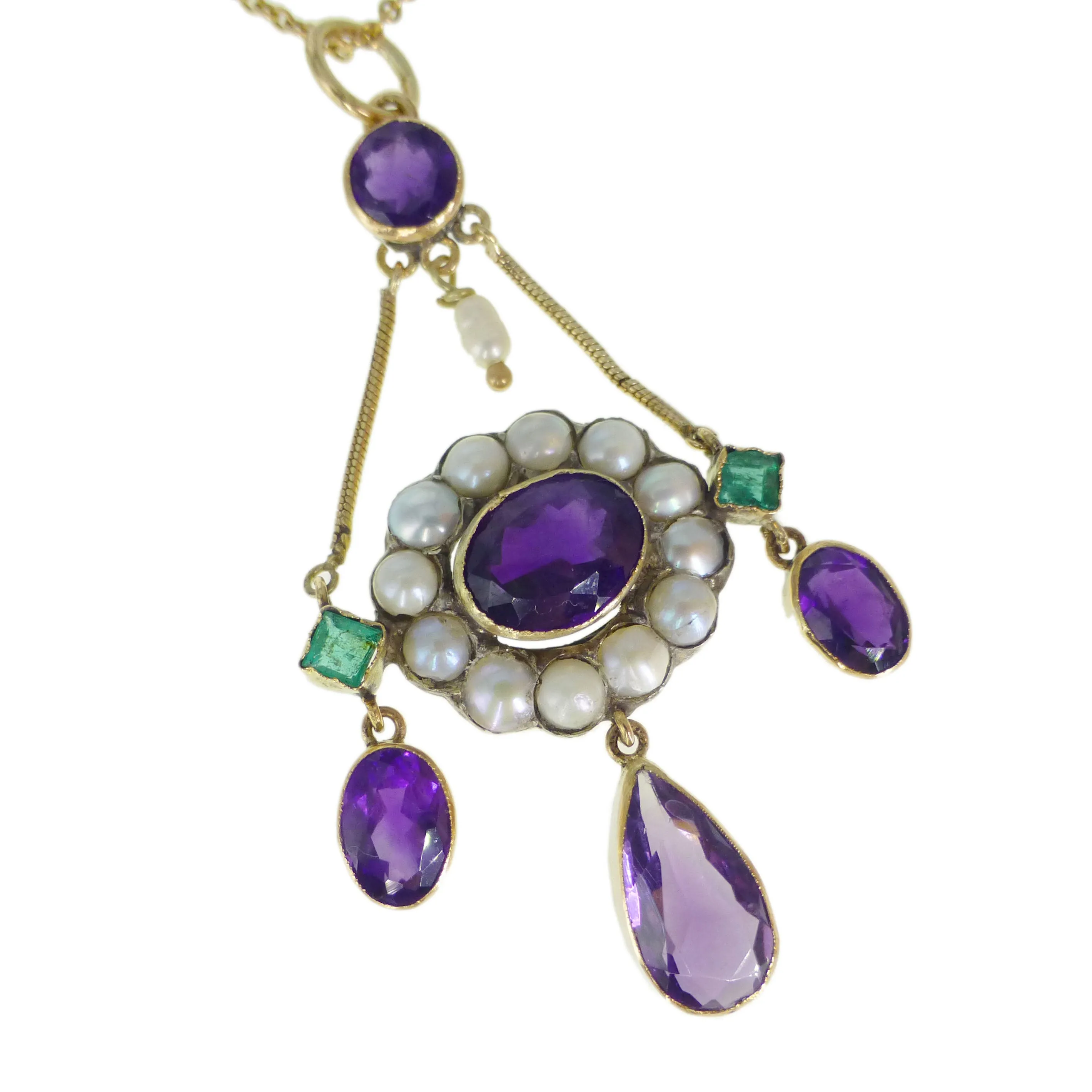 Antique 15ct Gold Amethyst Emerald Pendant Necklace