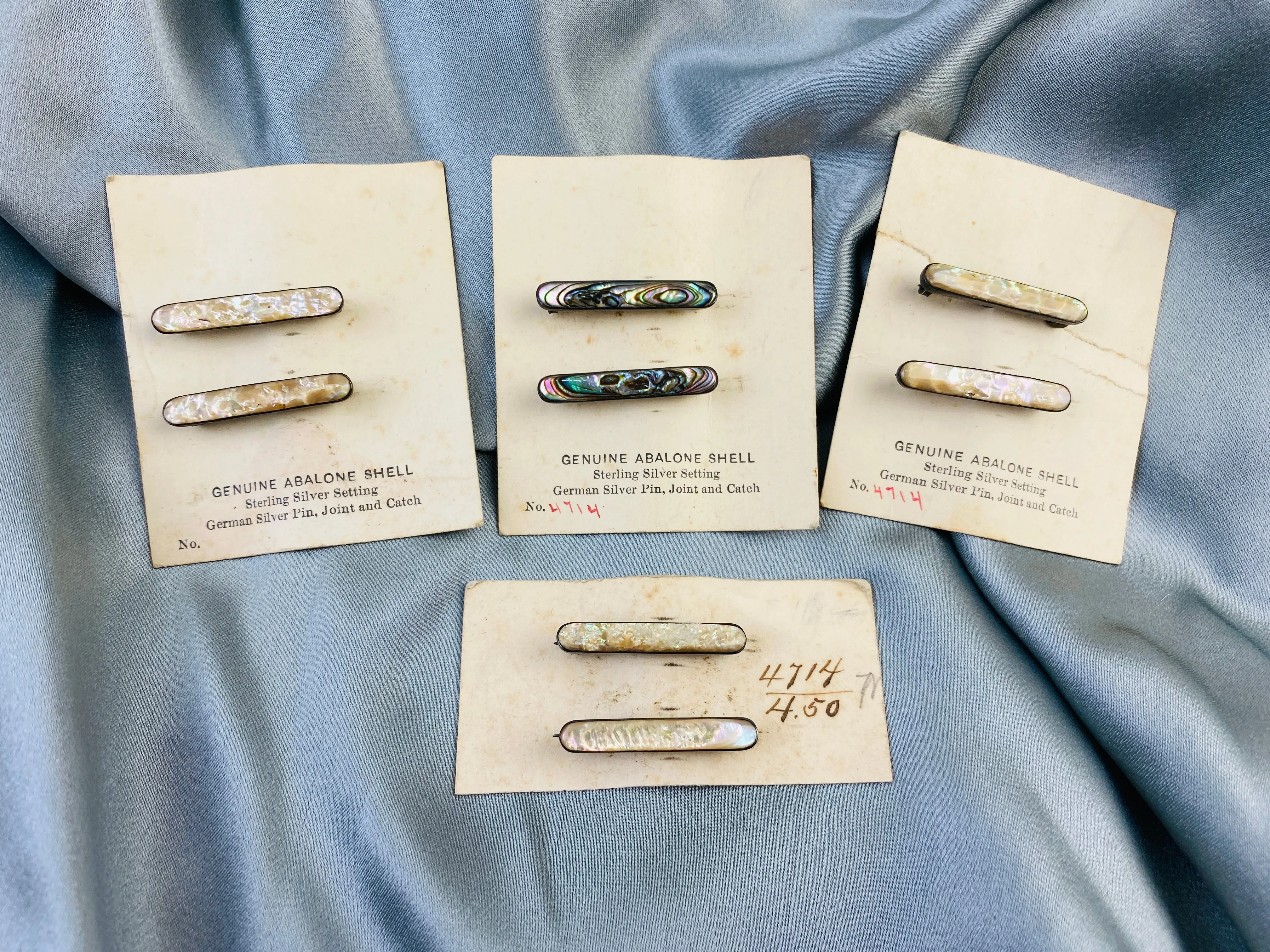 Antique 1910s Silver Oblong Abalone Shell Lingerie Pins, NOS