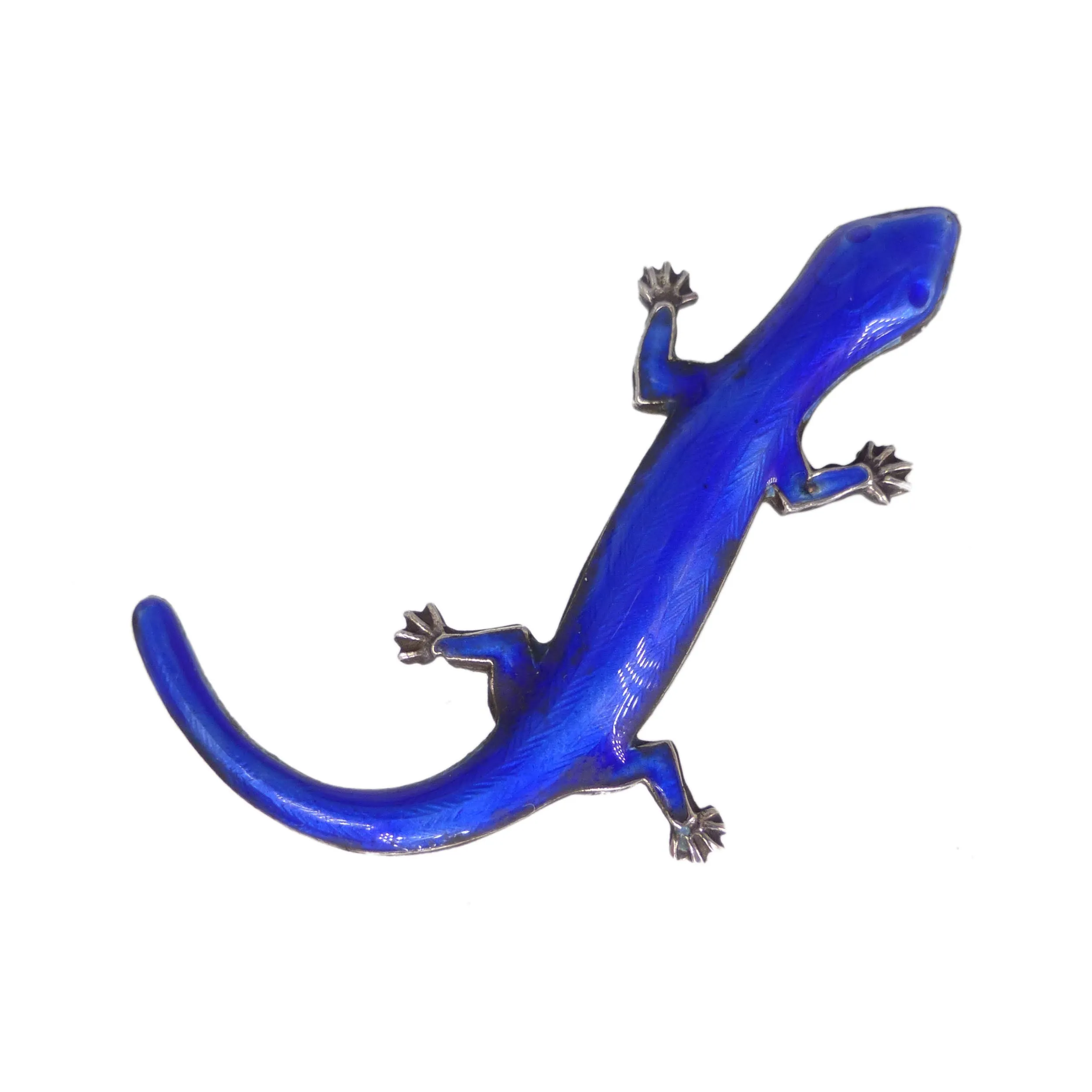 Antique Art Deco Silver Blue Enamel Lizard Brooch