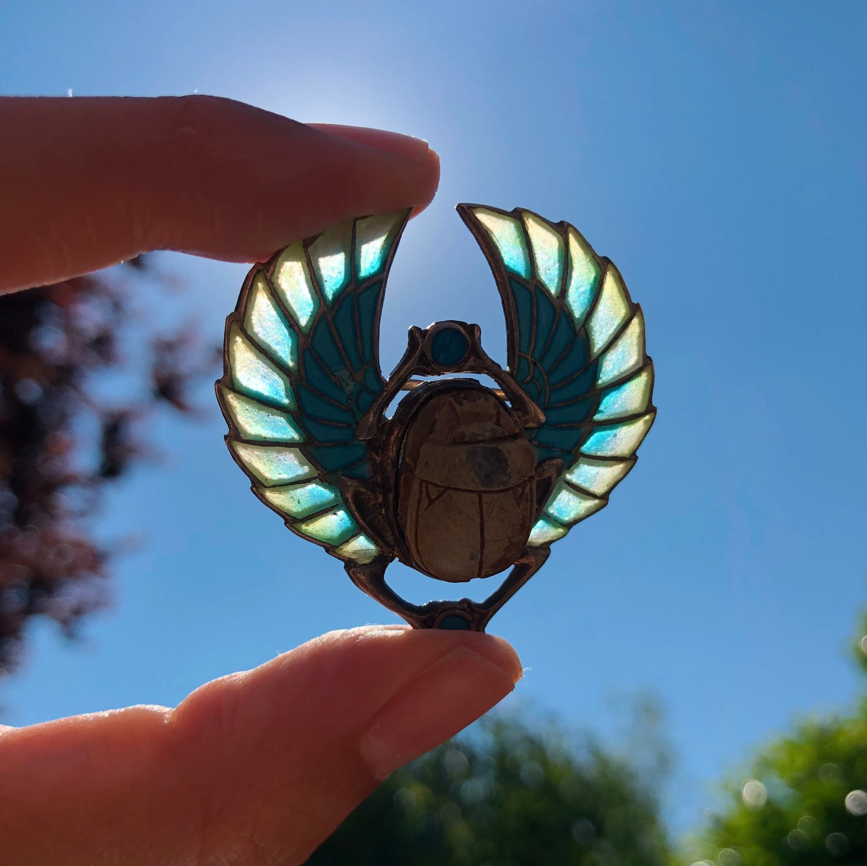 Antique Art Nouveau Jugendstil Silver Plique-à-Jour Scarab Brooch