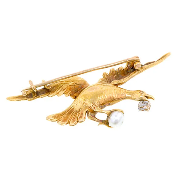 Antique Baroque Pearl & Diamond Bird Brooch