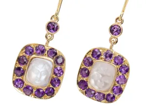 Antique Carved Baby Face Moonstone & Amethyst Earrings