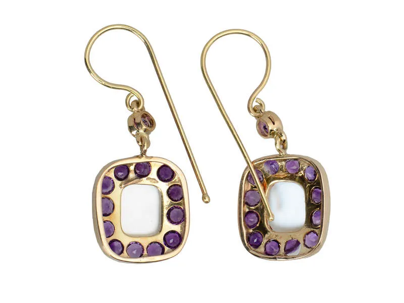 Antique Carved Baby Face Moonstone & Amethyst Earrings