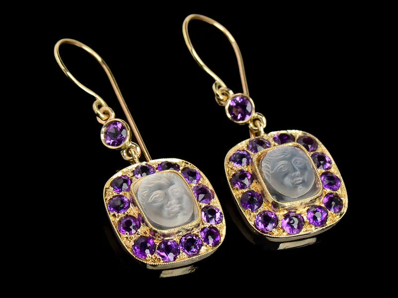 Antique Carved Baby Face Moonstone & Amethyst Earrings