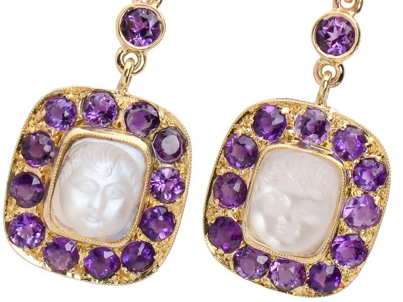 Antique Carved Baby Face Moonstone & Amethyst Earrings